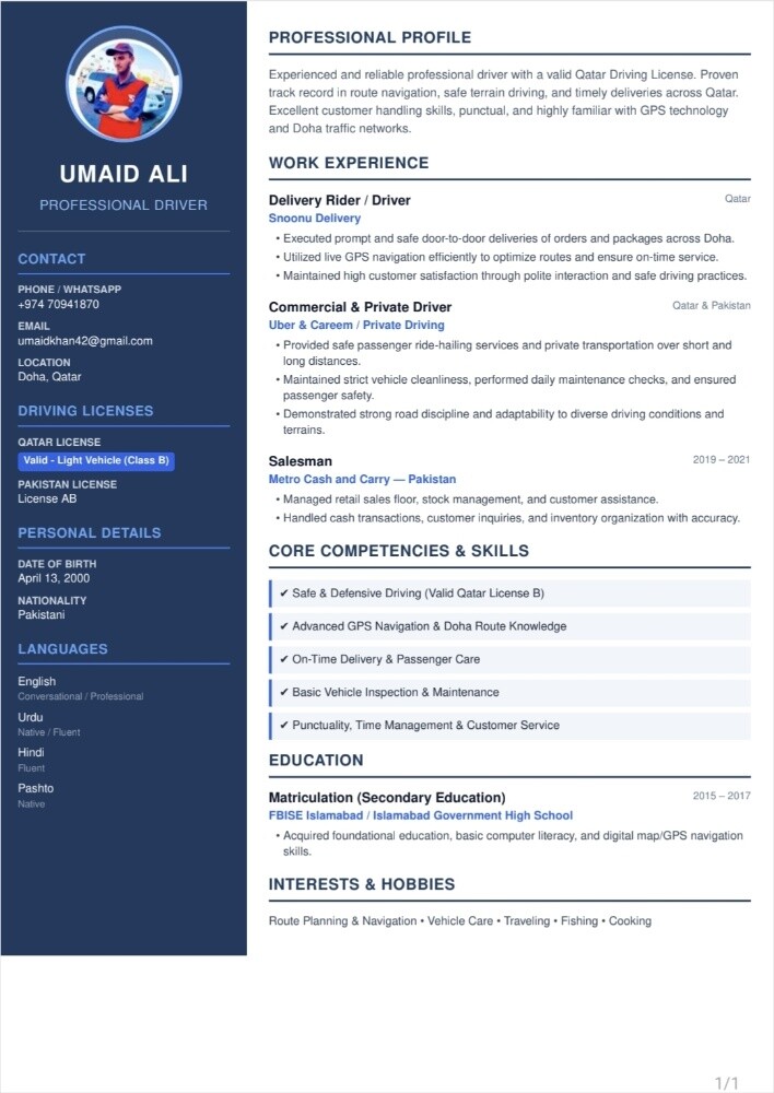 Experienced Driver & Worker in Qatar | Family & Protocol Driver | Luxury Cars & 4x4 | Delivery Driver | Currently Working with Snoonu | Sales & Customer Service | Retail, Receiving & Stock Handling | Security Experience | Valid Qatar & Pakistan Driving Licenses | Familiar with Qatar Roads & GPS | Honest, Responsible & Hardworking - 1