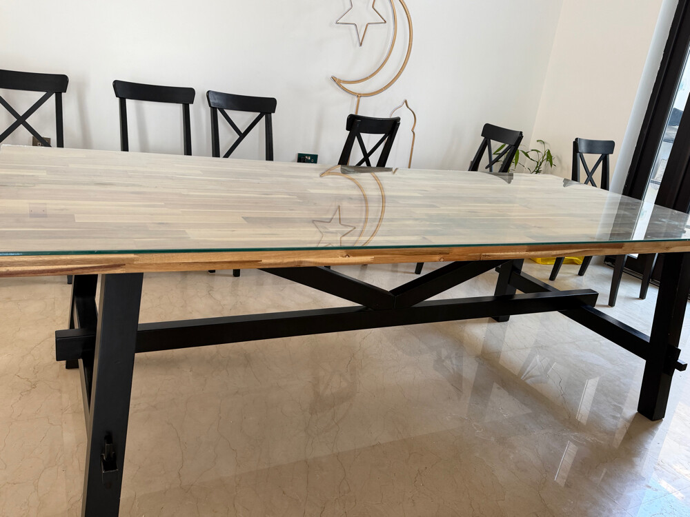 dining table in excellent condition, made from solid acacia wood with a strong black base. - 5