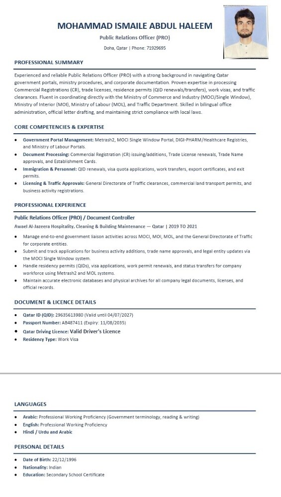 I'm looking for job I have light Vahical license and i know language English arabic hindi urdu speaking and writing - 2