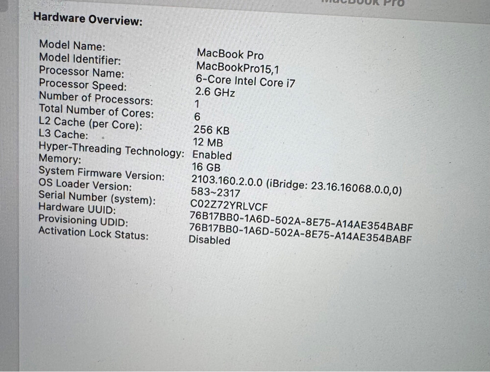 MacBook Pro16 inch i7  - 3