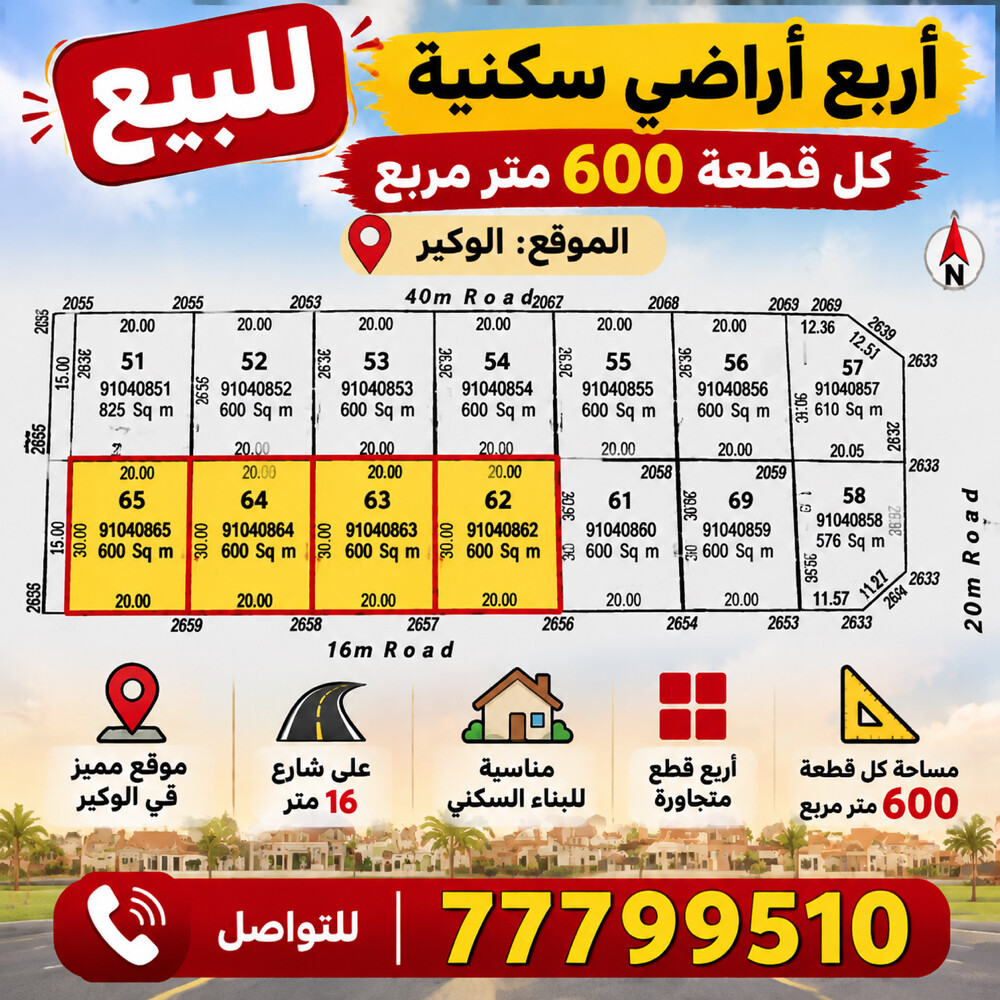 للبيع اراضي الوكير600م واجهه20م - 1