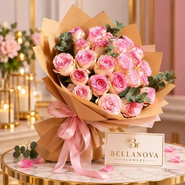 Pink Roses Eucalyptus Bouquet - 1
