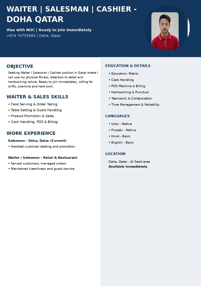 Experienced Waiter Looking for Job - 1