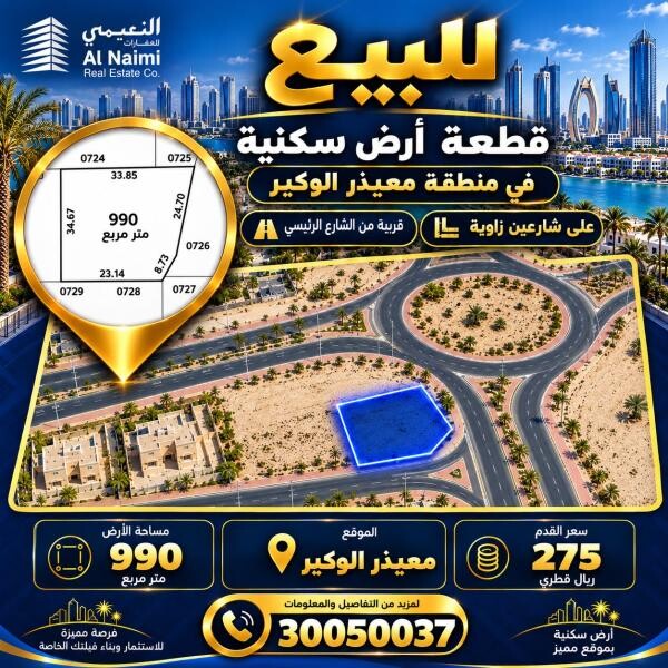 أرض مميزه بالوكيرعلى شارعين990 م - 1