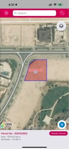 ارض بالوسيل شارعين زاوية ١٠٧٥ م