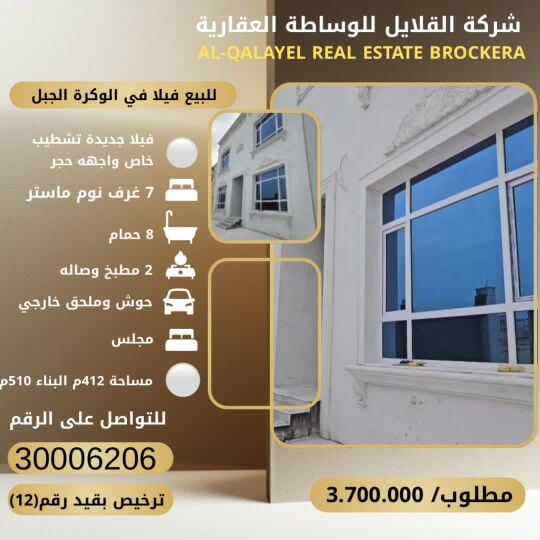 للبيع فيلا جديدة في الوكرة الجبل 