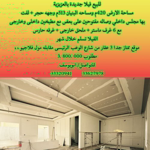للبيع فيلا جديدة بالعزيزيه420م