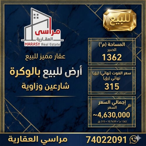 اراضي بالوكره علي شارعين وزاويه 