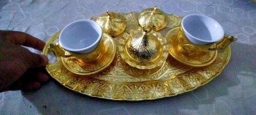 Gold Colored coffee cups with tray