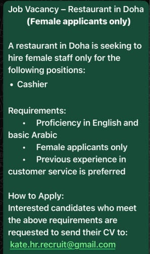 Job restaurant-female cashier only