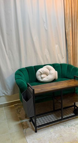  green couch, table rack, carpet 
