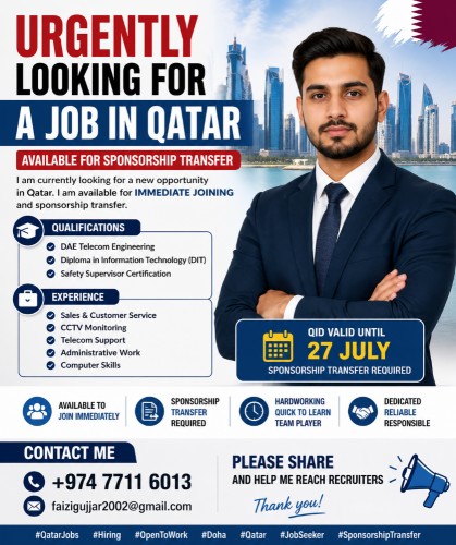 Urgently looking For a job in Qatar