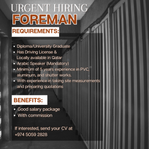 URGENT HIRING FOR FOREMAN
