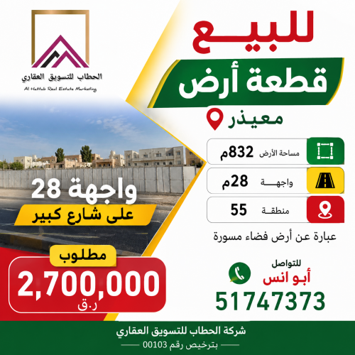 للبيع أرض فى معيذر منطقه 55