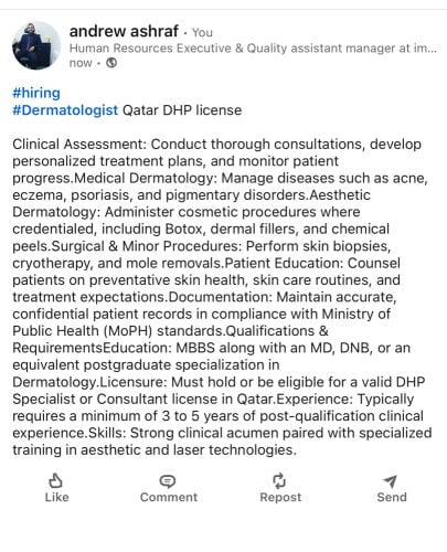 Dermatologist Qatar DHP license