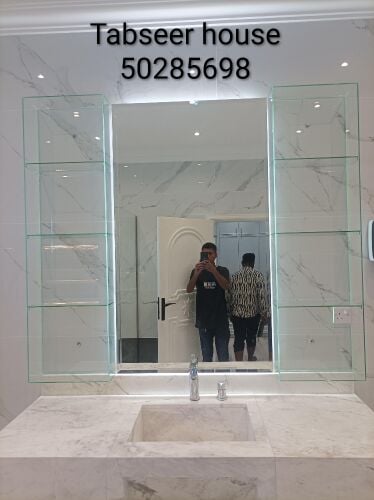 mirror with glass self box & shower