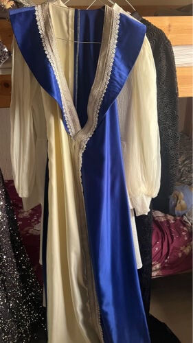blue and beige dress