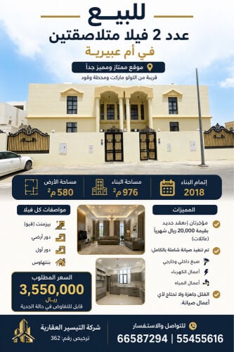 للبيع فيلتين متلاصقات ام عبيريه