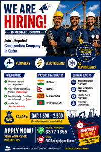 HIRING PLUMBERS, ELECTRICIANS & AC