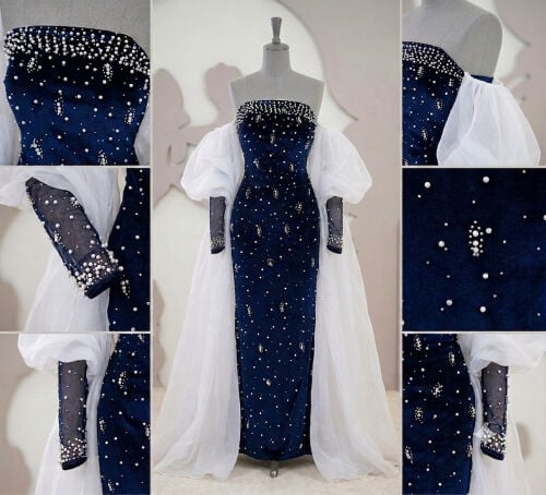 Luxury Navy Blue Pearl Evening Dres