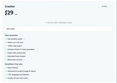 subscription HeyGen (creator plan)