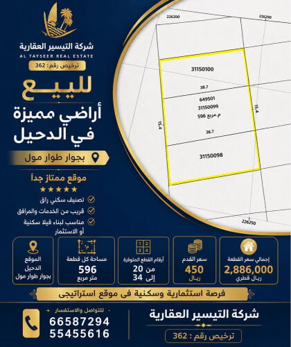 للبيع اراضي بالدحيل 