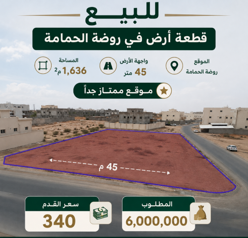 للبيع قطعة أرض بروضة الحمامة