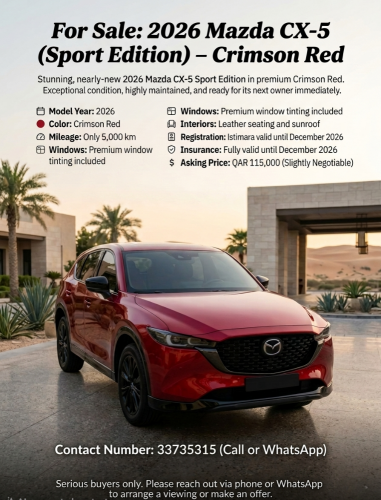Mazda CX5 Sports Edition (2026) in Crimson Red color. Less than 5k km.