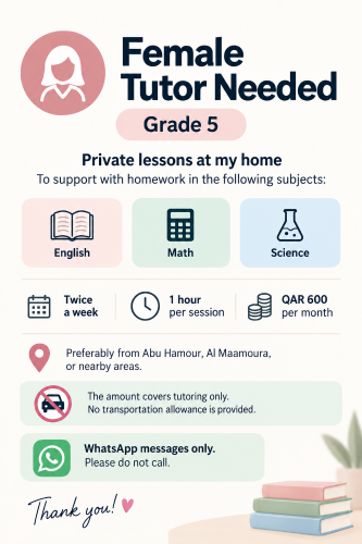 Female Home Tutor Needed – Private