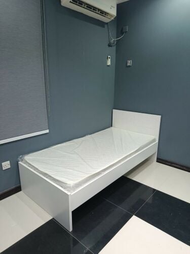 Bed, mattress, wardrobe.Shelves