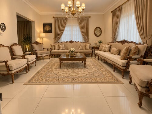 Classic living room set featuring chairs, decorative glass tables, and a classic console/washstand with a mirror.