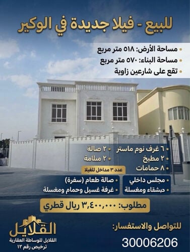 للبيع فيلا جديدة في الوكير
