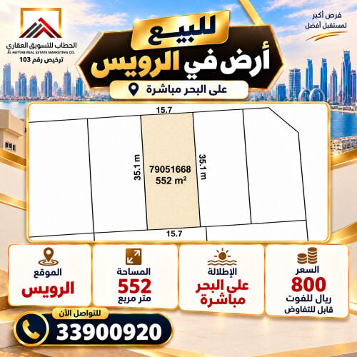 للبيع ارض علي البحر بالرويس