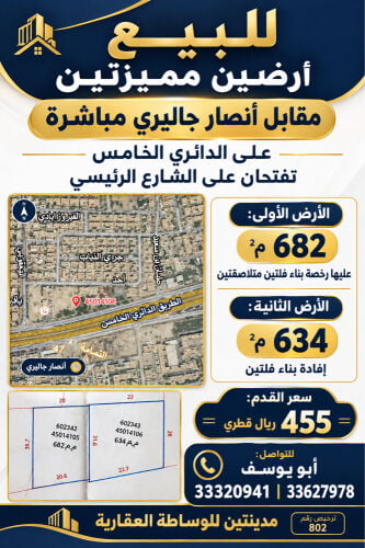 للبيع اراضى على الدائرى الخامس
