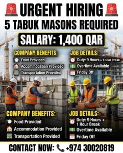 5 TABUK MASONS REQUIRED