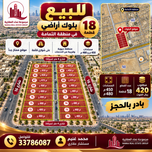 للبيع اراضي فضاء ٤٨٠ متر الثمامة