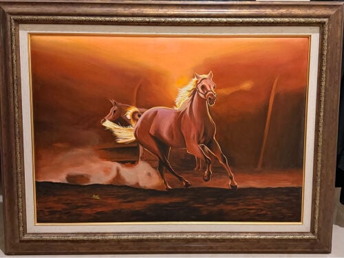 Large Framed Horse Painting – Sunse